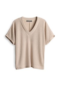 Beige geribbelde T-shirt met korte mouwen en V-hals, met een relaxte pasvorm en licht oprolbare mouwen, gemaakt van zachte gebreide stof.