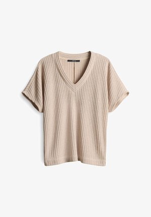 Beige geribbelde T-shirt met korte mouwen en V-hals, met een relaxte pasvorm en licht oprolbare mouwen, gemaakt van zachte gebreide stof.