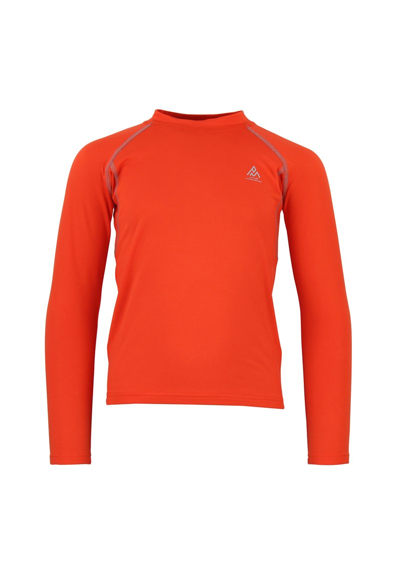 T-shirt de surf à manches longues en orange vif, fabriqué en tissu extensible. Présente un col rond, des coutures flatlock et un logo sur la poitrine.