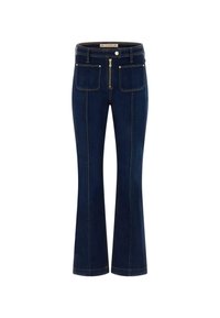 Donkerblauwe wijde spijkerbroek met voorzakken, zichtbare ritssluiting, steken en lussen voor een riem op een witte achtergrond.