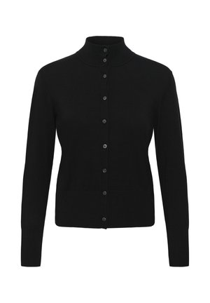 Cardigan nero con collo alto, maniche lunghe e chiusura frontale con bottoni. Il tessuto appare liscio con un design aderente e senza motivi visibili.