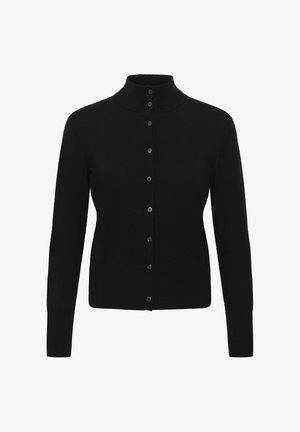 Fekete kardigán magas gallérral, hosszú ujjakkal és gombos elülső résszel. Az anyag simának tűnik, karcsúsított fazonú, mintázat nélkül.