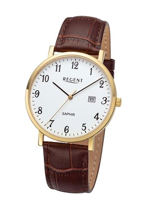 Round gold-tone watch with a white face, black numerals, and date indicator. Brown crocodile-pattern leather strap, quartz movement.