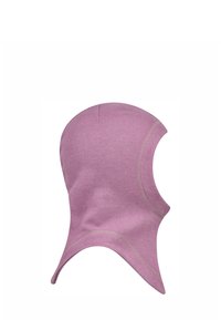 Strick-Balaclava aus weichem pinkfarbenem Stoff, mit einem runden Oberteil und langen Nackenteilen, die eine kontrastierende Naht entlang der Kanten aufweisen.