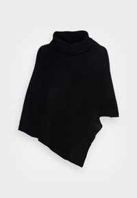 Poncho noir en maille avec un large col roulé, un ourlet asymétrique et un motif côtelé texturé.