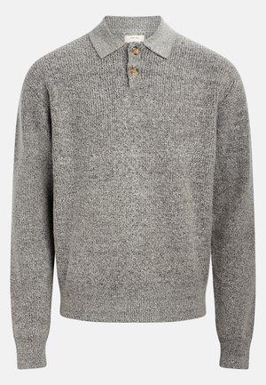 Pullover grigio a maglia con colletto a polo, dotato di tre bottoni. Texture a coste e maniche lunghe. Design semplice e classico.