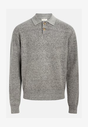 Hallide kudumine pullover polo kraega, millel on kolm nuppu. Ribiga tekstuur ja pikad varrukad. Lihtne, klassikaline disain.