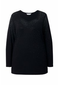 Svart långärmad topp med V-ringning och dekorerad med spridda, glittrande silvernitar på framsidan. Mjuk tygkänsla.