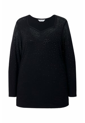 Zwarte lange mouw top met een V-hals en versierd met verspreide, sprankelende zilveren studs over de voorkant. Zachte stoftextuur.