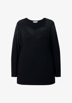Černý top s dlouhými rukávy, V-krkem, zdobený rozptýlenými, třpytivými stříbrnými kamínky na přední straně. Měkká tkanina.