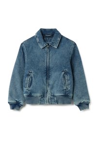 Jeansjacke mit einem Reißverschluss vorne, in blauem Waschton, gerippten Bündchen und Saum sowie zwei seitlichen Taschen. Verfügt über einen kragenförmigen Halsausschnitt und eine weiche Textur.