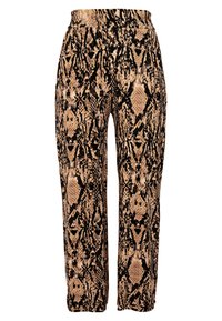 Schlange-Print-Hosen in Beigetönen und Schwarz. Verfügt über eine hohe Taille, eine lockere Passform und eine glatte Textur mit glänzendem Finish.
