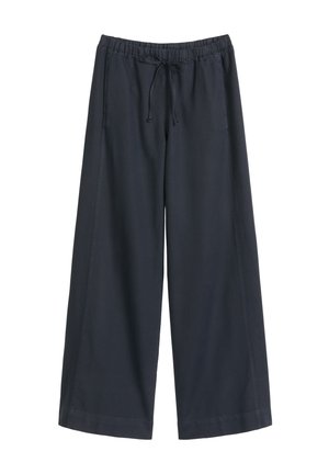 Pantalon noir à jambes larges avec taille élastique et cordon de serrage, doté de deux poches latérales et d'une coupe décontractée.
