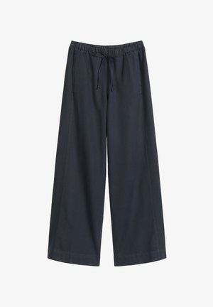Pantalon noir à jambes larges avec taille élastique et cordon de serrage, doté de deux poches latérales et d'une coupe décontractée.