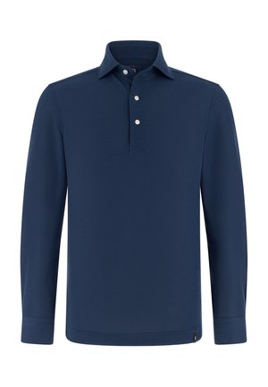 Navy blue long-sleeve polo shirt with a pointed collar, three white buttons, and a small black tag at the hem.