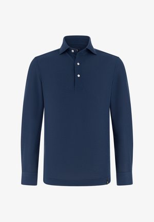 Navy blue long-sleeve polo shirt with a pointed collar, three white buttons, and a small black tag at the hem.