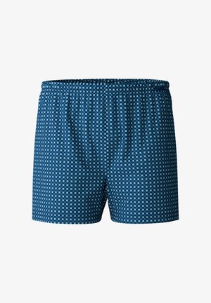 Marineblauwe boxershorts met een geometrisch patroon van lichtblauwe vierkanten. Elastische tailleband en lichtgewicht stof met een losse pasvorm.