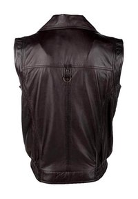 Braune Lederweste mit glatter Textur, featuring einem hohen Kragen, Seitennähten und einem Metalling an der Rückseite. Ohne Ärmel.