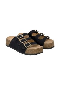 Sandali scivolosi in suede nero con tre fibbie ornamentali, plantare in sughero e suola in gomma testurizzata per una buona aderenza.