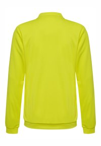 Gelbe langärmlige Jacke aus strukturiertem Stoff, mit Kragen und elastischen Bündchen. Sauberes Rückendesign ohne zusätzliche Verzierungen.