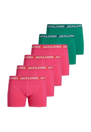 Five pairs of men's boxers: two pink with orange waistbands, one green with a dark waistband, featuring a smooth cotton material and streamlined design.