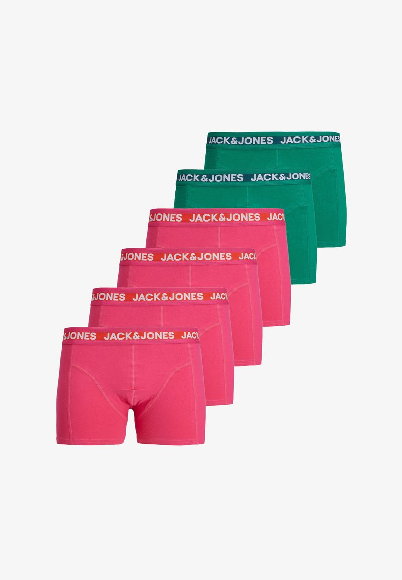 Five pairs of men's boxers: two pink with orange waistbands, one green with a dark waistband, featuring a smooth cotton material and streamlined design.