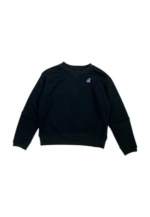 Felpa nera a maniche lunghe con scollo rotondo e piccolo logo rosso, bianco e blu nella parte superiore sinistra del petto.