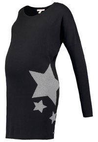 Maglione premaman nero con maniche lunghe, scollo a barca e motivi a stella grigi sui lati. Tessuto morbido e elasticizzato per il massimo comfort.