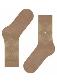 Calzini marroni con un motivo a diamante in oro e avorio, caratterizzati da un maglione lavorato a texture, punta liscia e un piccolo logo nella parte inferiore.