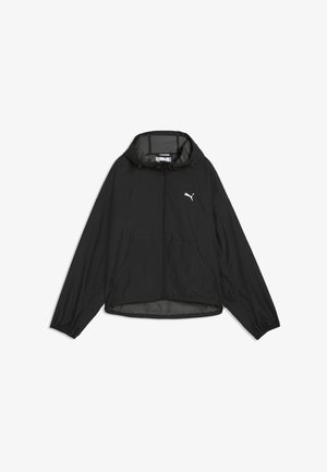 Zwarte lichte jas met capuchon, ritssluiting aan de voorkant, zijzakken, elastische manchetten en wit Puma-logo op de borst.
