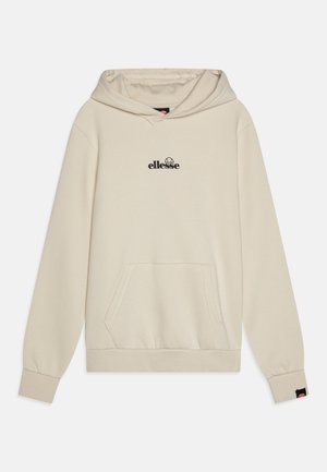 Sweat à capuche beige ellesse avec poche kangourou à l'avant, capuche, poignets et ourlet côtelés, avec petit logo ellesse noir centré sur la poitrine.
