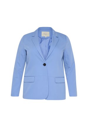 Světle modrý blazer se strukturovaným designem, zapínání na jeden černý knoflík, dvě přední kapsy a hladkou texturu. Má klopový límec.