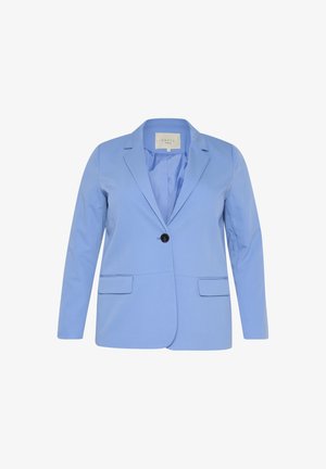 Lyseblå blazer med struktureret design, enkelt sort knaplukning, to forlommer og en glat tekstur. Har en slagkrave.