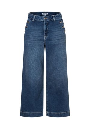 Weit geschnittene, hoch taillierte blaue Jeans aus Denim mit vorderer Knopfverschluss und dekorativen Seitentasten nahe den Taschen.