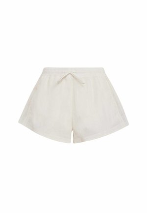 White woven shorts with an elastic waistband and drawstring. Features a loose fit and cut-off hem, offering a soft, lightweight texture.
