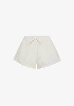 White woven shorts with an elastic waistband and drawstring. Features a loose fit and cut-off hem, offering a soft, lightweight texture.