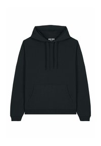 Felpa nera con cappuccio, in misto cotone, dotata di tasca frontale a marsupio, orlo e polsini ribattuti, con cappuccio regolabile tramite cordino e logo sull'etichetta.