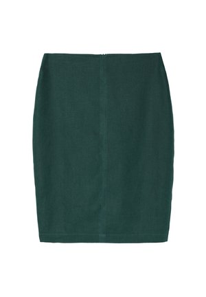 Tume roheline pliiatsiseelik, mis on valmistatud tekstuuriga kangast. Omab taga tõmbluku ja sirget siluetti minimalistliku disainiga.