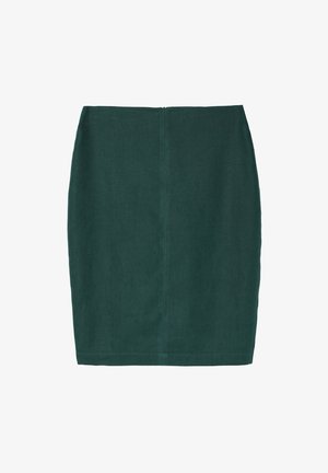 Ciemnozielona spódnica ołówkowa z teksturowanej tkaniny. Posiada zamek błyskawiczny z tyłu oraz prostą sylwetkę w minimalistycznym stylu.