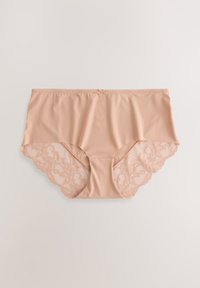 Beige High-Waist-Slips mit floraler Spitzenverzierung, ausgestattet mit einem glatten Mikrofaserkörper und einer kleinen Schleifendetail am Bund.