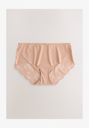 Chiloți bej cu talie înaltă, decorați cu dantelă florală, având un corp neted din microfibră și un mic detaliu cu fundă la talie.