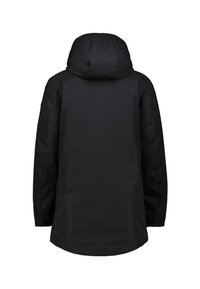 Zwarte buitenjack met een capuchon, met een gladde textuur, lange mouwen en een iets afgeronde zoom. Geen zichtbare hardware of patronen.