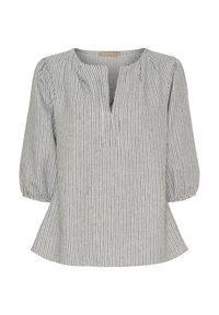 Stribet bluse med trekvart pufærmer, V-hals og afslappet pasform. Materialet har et let, tekstureret stof i blå og hvid.