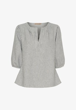 Stribet bluse med trekvart pufærmer, V-hals og afslappet pasform. Materialet har et let, tekstureret stof i blå og hvid.