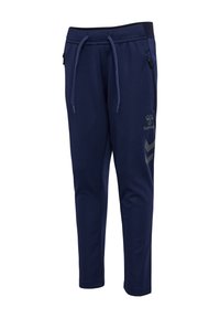 Dunkelblaue Sweatpants aus weichem Stoff, mit einem elastischen Bund und Kordelzug, seitlichen Taschen sowie einem reflektierenden Logo und Design.