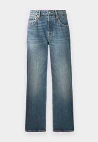 Blue denim jeans with a straight-leg design, featuring a high waistband, five pockets, and a slightly faded, textured finish.