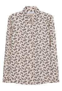 Långärmad skjorta i ljusbeige med svart lövmönster, krage och knäppning fram. Slätt tyg med avslappnad passform.