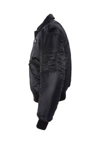 Veste bombardier noire en nylon brillant, dotée d'une poche zippée sur la manche gauche, de poignets côtelés et d'un col classique.