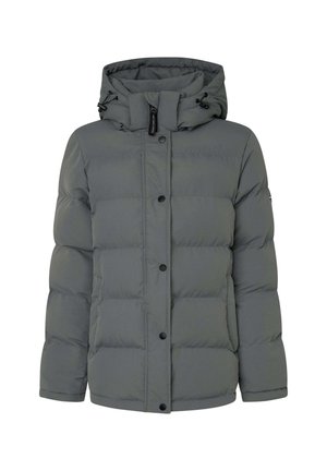 Gray puffer jacket with a hood, featuring a quilted design, large puffy sections, front buttons, and adjustable drawstrings at the neck.