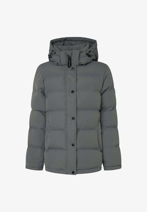 Graue Daunenjacke mit einer Kapuze, die ein gestepptes Design, große gepolsterte Abschnitte, Knöpfe vorne und verstellbare Kordeln am Hals aufweist.